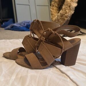 Merona Tan Suede Strappy Block Heel Sandals